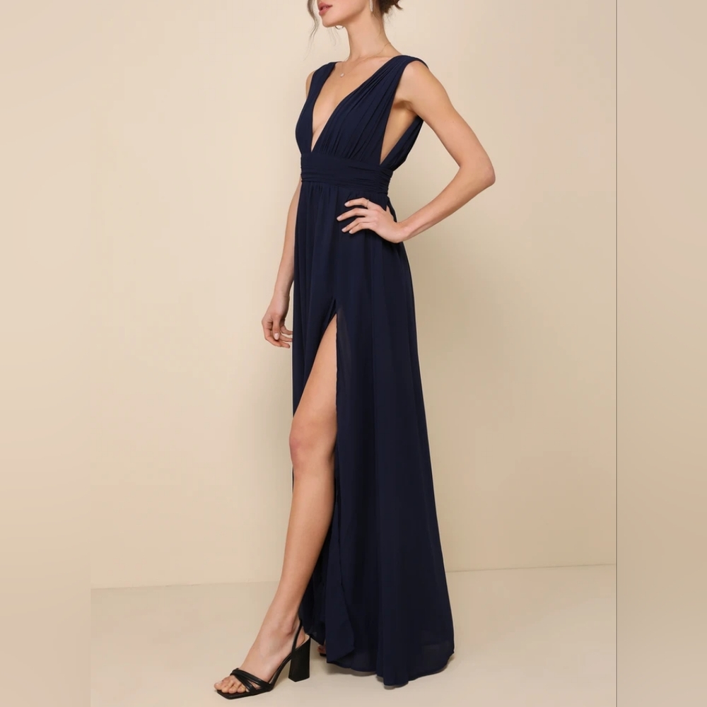 Lulu's Heavenly Hues Navy Blue Double V-Neck Maxi Dress, Size Large - Picture 2 of 14